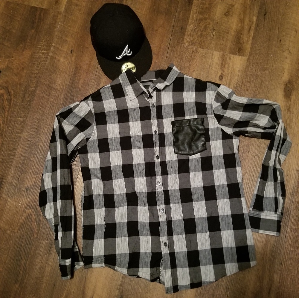 Mens black and grey plaid button up